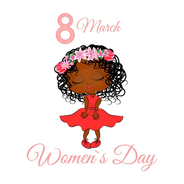 Womens Day 8 March holiday card with a cute little African American girl and the number eight with flowers on a white background Template for advertising the Internet social networks and poster flyer — Wektor stockowy