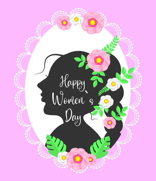 Womens profile Womens day March 8 Decorative silhouette on a pink background Happy womens day holiday Paper cutout girl face with pink spring flowers perfect for web banner or greeting card young —  Vetores de Stock