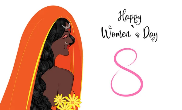A beautiful Indian girl with beautiful hair and a sari with bright flowers Postcard For Womens Day on March 8 in the social network wedding decoration of gift wrapping Modern woman March 8 festive —  Vetores de Stock