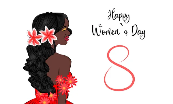Beautiful African American girl with beautiful hair and bright flowers Postcard For Womens Day on March 8 in social networks wedding decoration of gift wrapping Modern woman March 8 holiday card —  Vetores de Stock