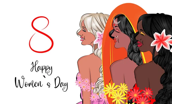 Beautiful girls of different nationalities African American Indian American with beautiful hair and bright flowers Postcard For Womens Day on March 8 in the social network wedding decoration of gift —  Vetores de Stock