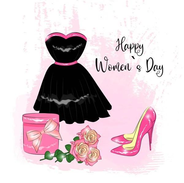 Щасливий жіночий день 8 березня Вітальна листівка Жінки чорні красиві сукні взуття квіти троянди подарунок в коробці плакат на весняне свято Милий дизайн в гранжевому стилі для текстилю або упаковки подарунків — стоковий вектор