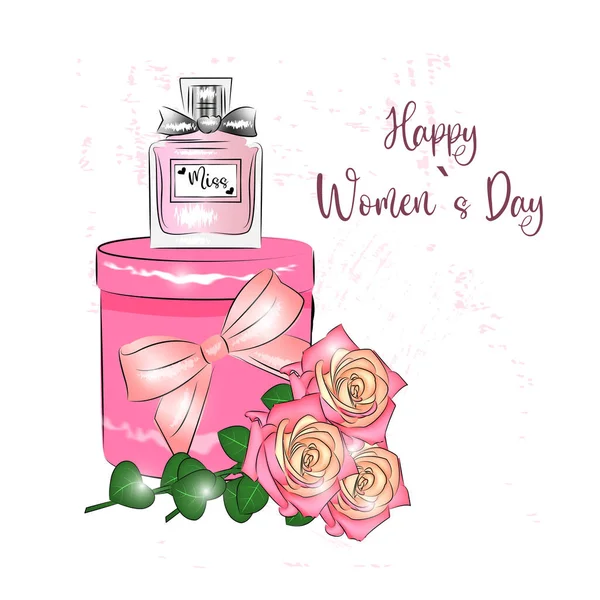 Feliz Día de la Mujer 8 Marzo Postal Accesorios para mujer perfume caja de regalo y flores rosas cartel para vacaciones de primavera Lindo diseño en estilo grunge impresión para textiles o envoltorio de regalo — Vector de stock