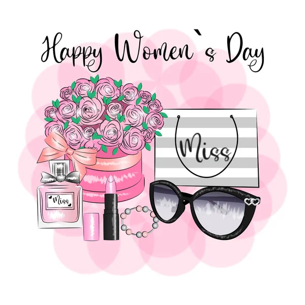Desde el 8 de marzo, tarjeta postal con el Día de la Mujer, hermosos accesorios para mujer, flores, paquete, gafas de moda, letras a mano, diseño de tarjetas de felicitación, impresión en textiles, envoltorio de regalo — Vector de stock
