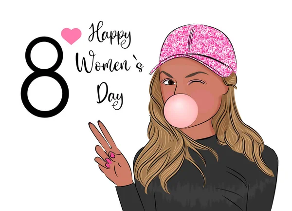 Beautiful, modern, cool, girl in a cap, shows two fingers, with chewing gum, congratulations on March 8, happy birthday for teens, Fashion and style, clothes and accessories, spring, print on textiles —  Vetores de Stock