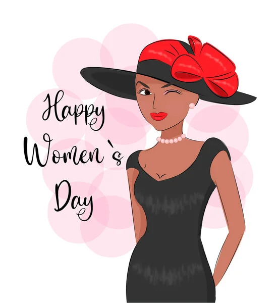 Lady in hat concept March 8, Womens Day, March 8 isolated on white background, in retro style International Womens Day, Postcard for March 8 print on textiles, or gift wrapping —  Vetores de Stock