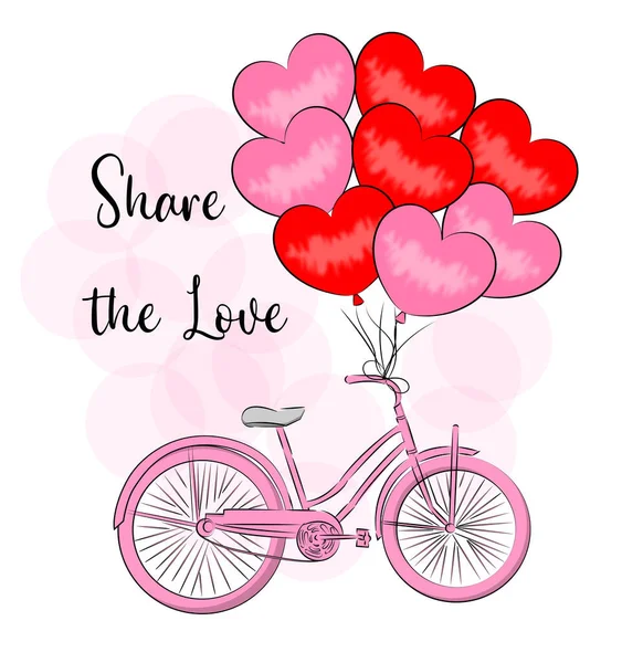 Bicycle with heart-shaped balloons Valentines Day card Share Love Textile print T-shirt gift wrapping — стоковый вектор