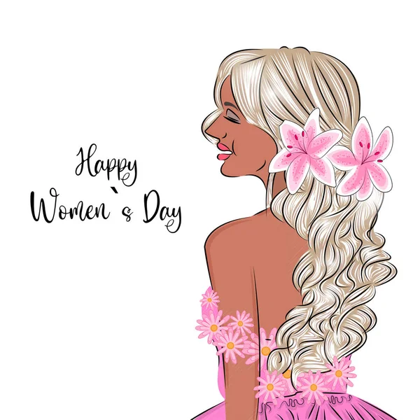 Pozdrav přání pro 8. března s krásnou blondýnou s květinami na bílém pozadí Happy International Womens Day tisk na textil pro tričko nebo dárkové balení — Stockový vektor