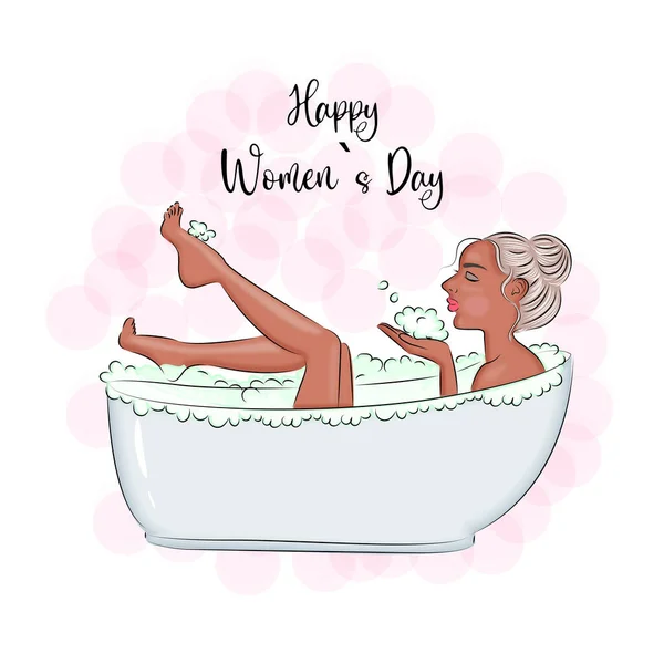 Happy Womens Day, Beautiful Girl Relaxing in the Bathroom, Postcard in doodle style, fashionable, stylish illustration for International Womens Day, March 8 print on textiles, on gift wrapping, on a — Stockový vektor