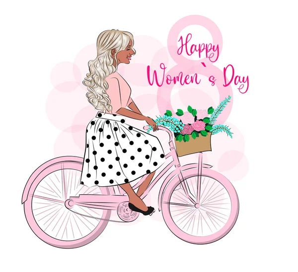 Happy Womens Day on March 8 Cute beautiful girl on a bicycle Romantic postcard and poster for the spring holiday in retro style blond woman print on textiles on cards for gift wrapping — Stockový vektor