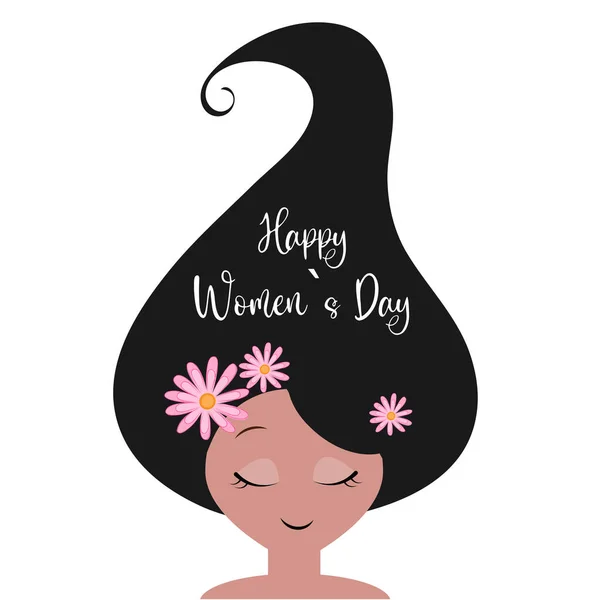 Happy Womens Day on March 8 Cute beautiful girl with hair lies Romantic postcard and poster for the spring holiday in flat style brunette woman print on textiles on cards for gift wrapping —  Vetores de Stock