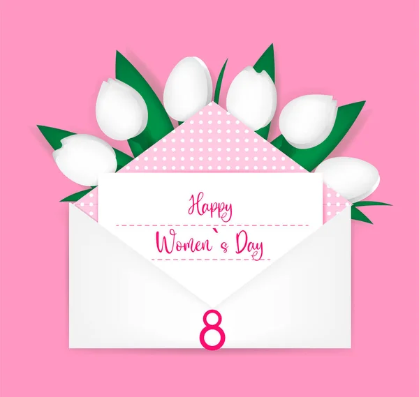ハッピー3月8日国際女性の日のテキスト、ピンクの背景に白いチューリップの文字が入った封筒、織物、カード、招待状、ギフト包装のためのデザイン — ストックベクタ
