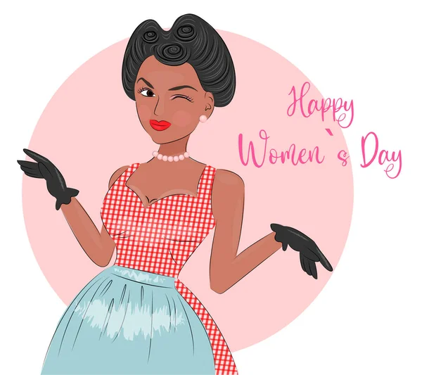Happy Womens Day March 8 Cute beautiful girl in vintage clothes retro style Romantic postcard and poster for the spring holiday in retro style, print on textiles on cards for gift wrapping Vector ill —  Vetores de Stock