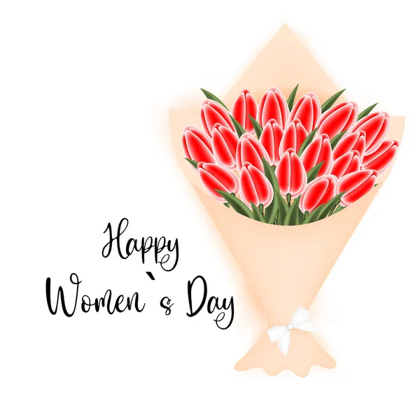 8 march holiday card with cute realistic red tulips. Womens day banner for posters, brochures, promotional material, booklet website —  Vetores de Stock