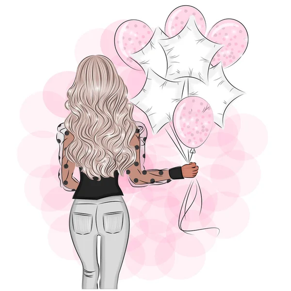 Balonlu güzel bir kız 8 Mart ya da Sevgililer Günü modasına uygun modern tasarım tarzında bir kartpostal ya da hediye paketinin tekstil deseninde romantik pembe desenli.