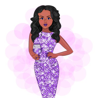 Bir bardak şampanyayla şık bir kız ve pullu bir kokteyl elbisesi içinde, lüks siyah saçları, şık bir modası, moda illüstrasyonları, ambalajda tekstil üzerine baskı.