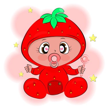 Çilek gibi giyinmiş yeni doğmuş bebek. Komik çizgi film karakteri. Tatlı gözleri ve çıngırağı var.