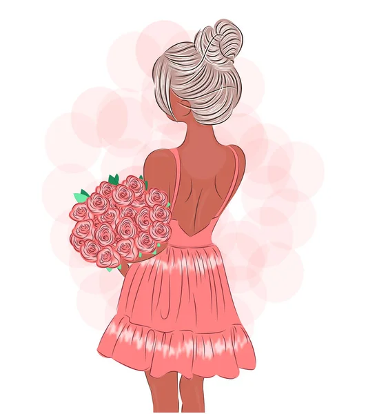Chica joven con un ramo de rosas, Mujer feliz con un peinado de lujo, impresión en textiles, en una camiseta, en el envoltorio de regalo, Día Internacional de la Mujer, diseño de una postal, póster, diseño de interiores — Vector de stock