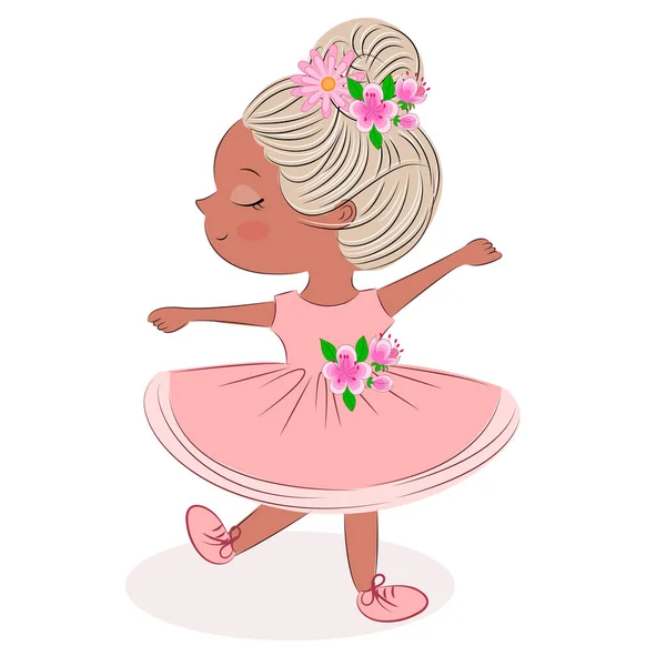 Petite Ballerine, dans une robe rose douce, dessinée à la main belle, mignonne, petite fille, Dessin animé sur fond blanc, dessin pour enfants.Parfait pour la conception d'enfants, tissu, emballage, papier peint, textile — Image vectorielle