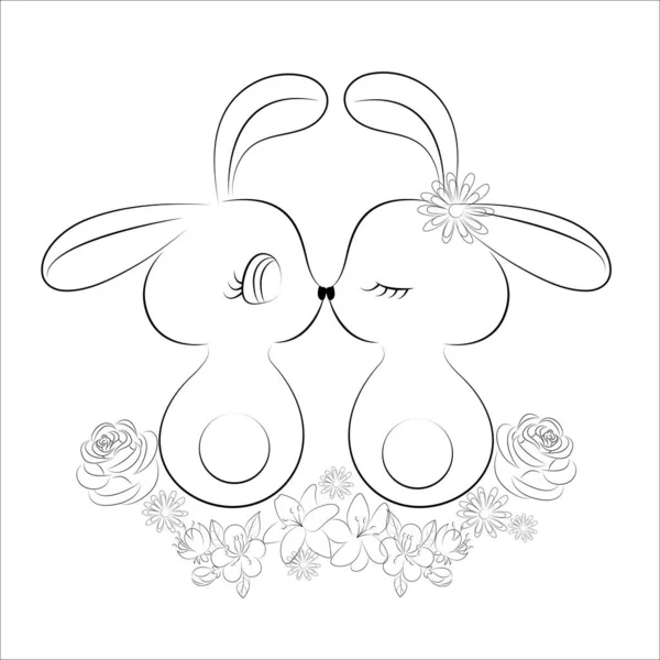 Happy kleine konijntjes op zoek naar elkaar mooie Pasen illustratie, zwart-wit vector cartoon illustratie voor een kleurboek — Stockvector