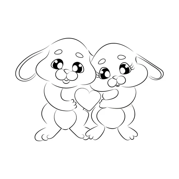 Esboço de dois coelhos da Páscoa. Desenhos pretos em um fundo branco.Easy Colorir livro para crianças, coelhinhos felizes com coração, bela ilustração Páscoa, desenhos animados vetor preto e branco para — Vetor de Stock