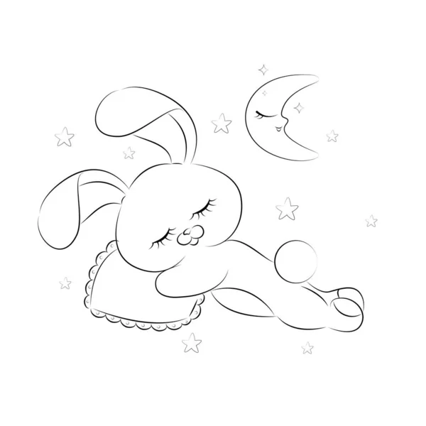 Skiss av en sovande kanin med en halvmåne Svart konturer på en vit bakgrund.Lätt Målarbok för barn, Glada söta små kaniner, vacker påsk illustration, svart och vit vektor — Stock vektor
