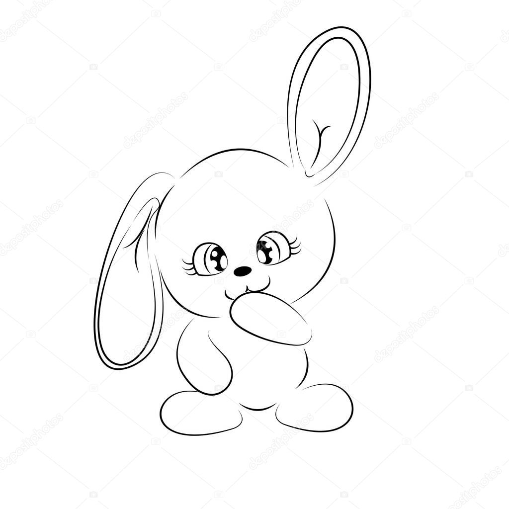 Sketch of a cute rabbit with cute eyes Black outlines on a white background.Easy Coloring book for children, Happy cute little bunnies, beautiful easter illustration, black and white vector cartoon