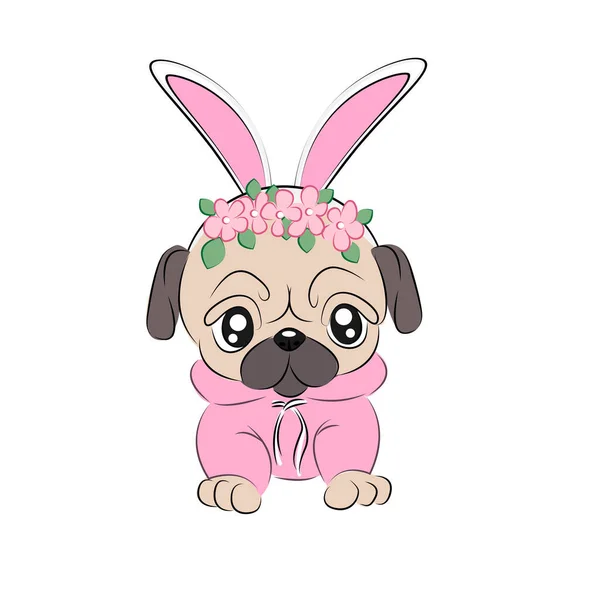 Carino cane carlino con orecchie di coniglio in un costume di Pasqua. illustrazione su sfondo bianco Carino animale, razza di carlino illustrazione, Stampa su tessuti, su una t-shirt, su una cartolina, sulla confezione — Vettoriale Stock