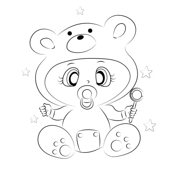 Neugeborenes Baby als Teddybär gekleidet, Lustige Cartoon-Figur, die mit niedlichen Augen aussieht und eine Rassel hält, Malbuch, Schwarz-Weiß-Skizze isoliert auf weißem Hintergrund Vector Illustration — Stockvektor