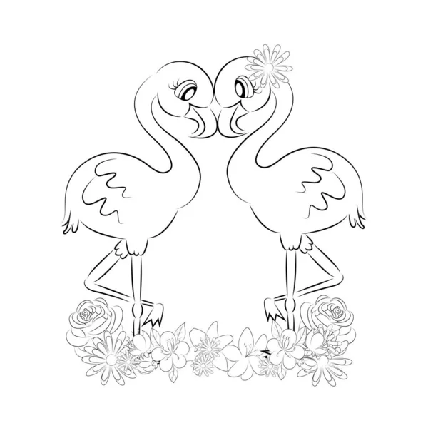 Flamingo sketch Pair of cute lovers pink flamingos with cute eyes with eyelashes with flowers beautiful black and white illustration, Easy coloring for children, Valentines Day, print on textiles on — Stock Vector