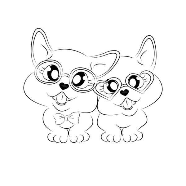 Livro para colorir, cachorros bonitos com óculos ilustração esboço isolado no fundo branco. Uma linha. Livro para colorir para crianças e adultos. Impressão para t-shirt, xícara, roupas infantis. —  Vetores de Stock