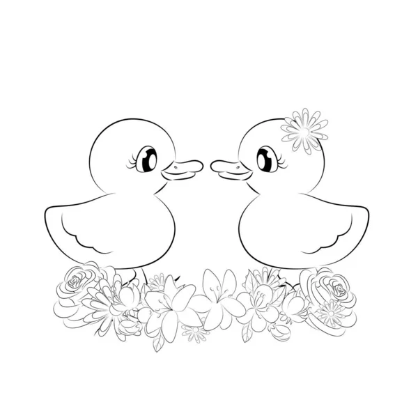 Coloring book ,cute baby duck chicks Outline illustration isolated on white background. one line. Coloring book for children and adults. Print for t-shirt, cup, childrens clothing. — Stock Vector
