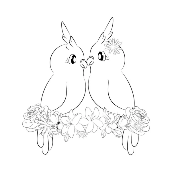 Coloring book ,cute parrots, beautiful Outline illustration isolated on white background. one line. Coloring book for children and adults. Print for t-shirt, cup, childrens clothing. — Stock Vector
