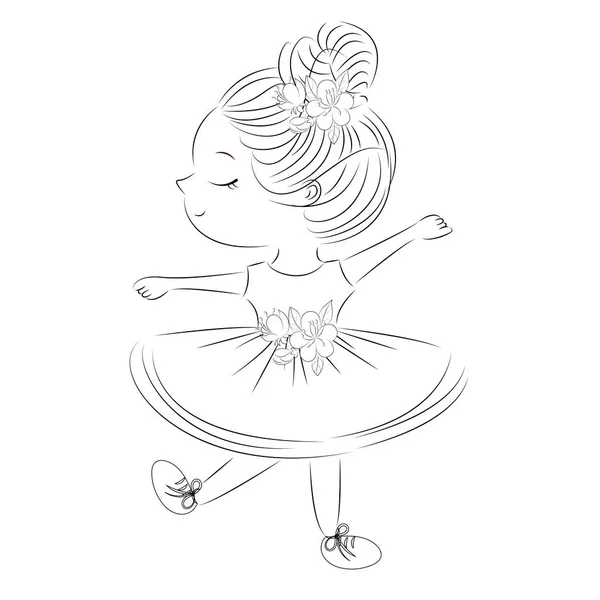 Omalovánky, roztomilá dívka balerína, krásný obrys ilustrace izolované na bílém pozadí. Jedna řada. Omalovánky pro děti a dospělé. Potisk na tričko, hrnek, dětské oblečení. vektor — Stockový vektor