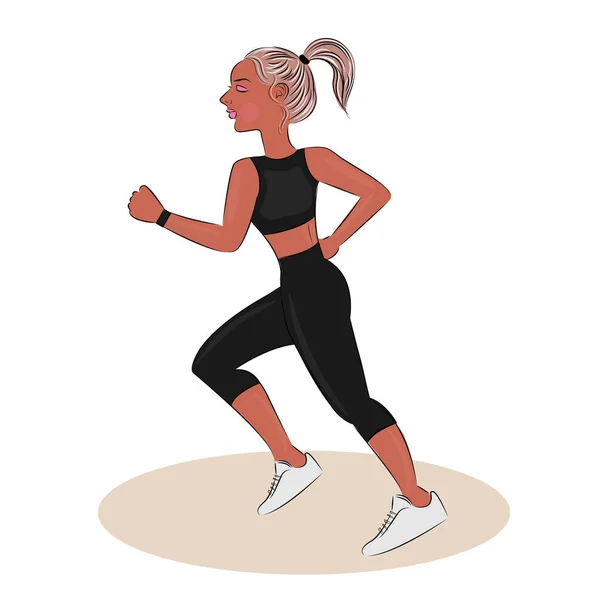 Kız koşuyor, Sportif güzel bir kadın spor yapıyor, sağlıklı bir yaşam tarzı var. Spor, antrenman konsepti, kardiyo eğitimi, maraton, şehir koşusu, yaz tatili. Doğrusal stil.