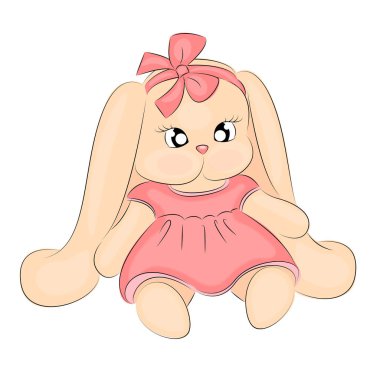 Elbise giymiş uzun kulaklı sevimli tavşan, kız, tek çizgi, tişört, fincan, bebek kıyafetleri için baskı. Vektör çizimi. vektör illüstrasyonu