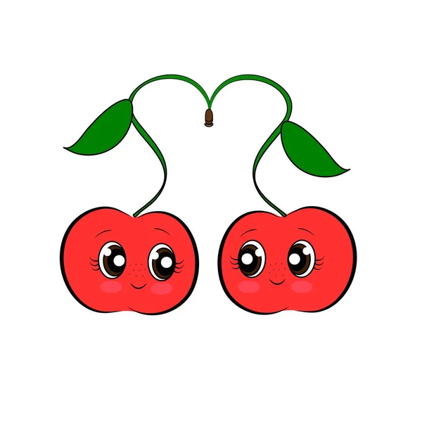 Dos cerezas carácter pareja en amor día de San Valentín foto cereza fruta lindo carácter diseño tarjetas de felicitación camiseta embalaje — Vector de stock