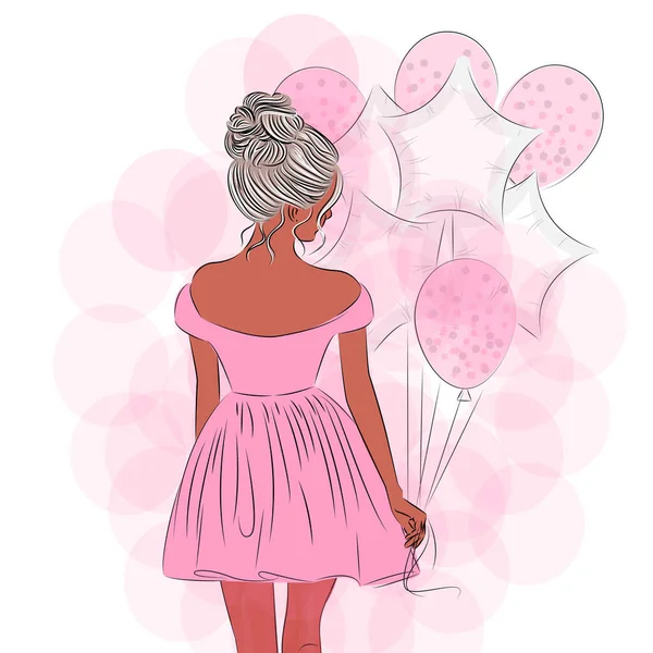 Hermosa chica con el peinado celebración globos Día Internacional de la Mujer ilustración, impresión textil, diseño de la postal, impresión camiseta, envoltura de regalo — Vector de stock