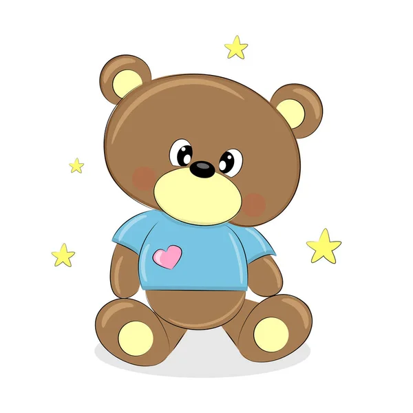 Niedlicher Teddybär mit Herz und Sternen-T-Shirt, Druck für Kinderzimmer, Baby-Dusche, Grußkarte und Design für Baby-T-Shirts und -Kleidung, handgezeichnete Kinderillustration, — Stockvektor