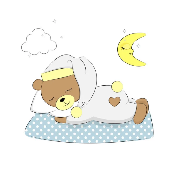 Милий маленький ведмідь спить на ліжку, обіймаючи подушку, милу дитячу ілюстрацію, для дизайну карт, друк на текстилі, на футболці або подарунковій коробці, прикраса дитячої кімнати, векторні ілюстрації — стоковий вектор