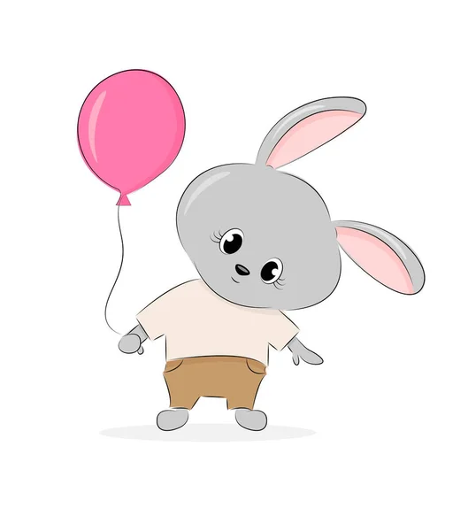 Kanin med ballong, söt påsk semester kort eller baby dusch, textil tryck, presentinslagning design, barn illustration, en linje stil — Stock vektor