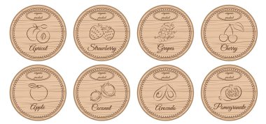 Böğürtlen ve meyveler için etiketler, ahşap arka planda klasik tarzda dizayn şablonu, ambalaj, ürün, yiyecek, kozmetik, organik ürünler için tasarım