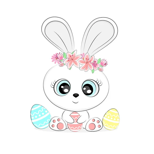 Cute Easter bunny with eggs, cute childrens illustration, for card design, print on textiles, on a t-shirt or gift box, childrens room decoration, vector illustration — Stock Vector