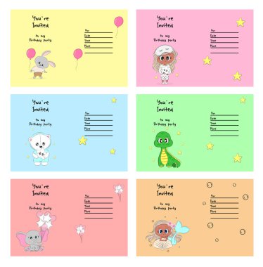 Doğum günü tebrik kartları ve içinde şirin karakterler olan parti davetiyeleri. Bebek fil, tavşan, kız, küçük deniz kızı, kutup ayısı, dinozor..