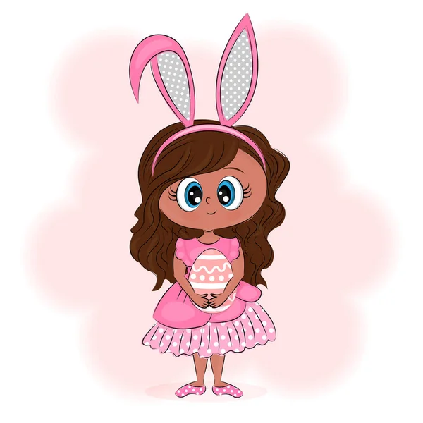 Tavşan kulaklı küçük bir kız elinde paskalya yumurtası, tekstil, hediye paketi, kartpostal tasarımı., — Stok Vektör