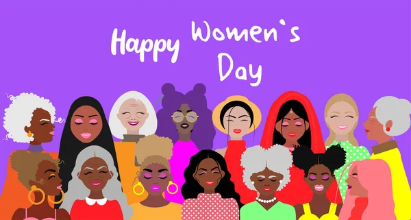 Día Internacional de la Mujer, Mujeres hermosas con diferentes edades, nacionalidades y culturas, igualdad, solidaridad de las mujeres, lucha por la libertad y la independencia, tarjeta de felicitación, plantilla, impresión — Vector de stock