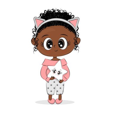 Tatlı afro kız, uyku pijaması giyiyor, şirin bebek çizimi yapıyor, kart tasarımı için tekstil, tişört ya da hediye kutusu, çocuk odası süslemesi, Vector illüstrasyon.