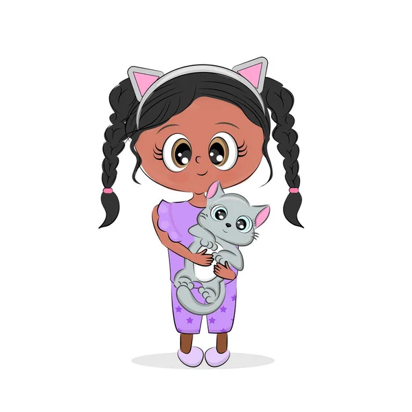 Küçük kız ve kedi arkadaşlar. Pijamalı mutlu kız bir kedi tutuyor, şirin bebek, tekstil, tişört, ambalaj, çocuk odası dekorasyonu... — Stok Vektör