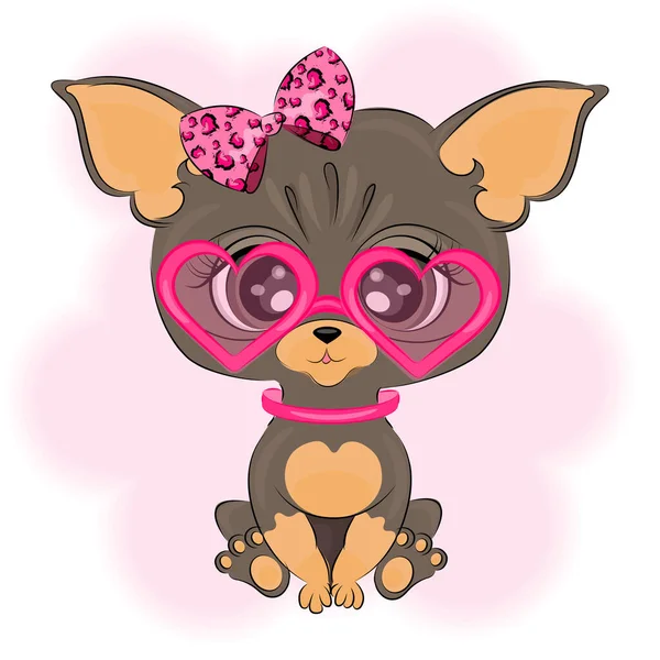 Lindo perrito chihuahua, con un arco y gafas en forma de corazón, linda ilustración — Vector de stock