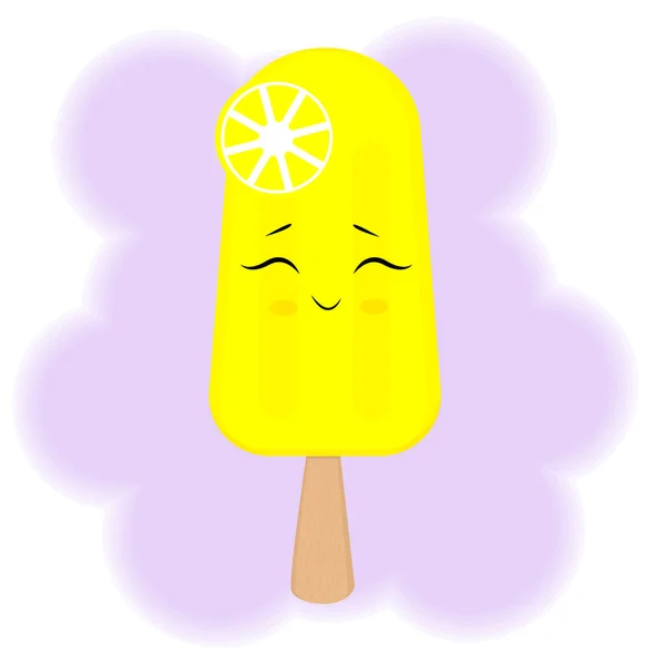 Helado amarillo brillante en un palo, carácter kawaii, sonriente, estilo japonés, impresión — Vector de stock